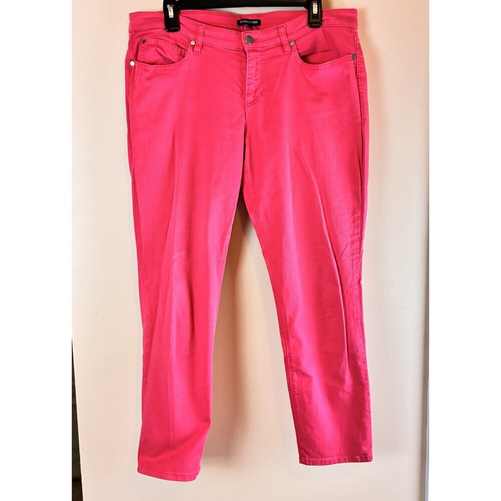 Eileen Fisher Jeans Women 10 Pink Coral Straight Denim Stretch Organic Cotton